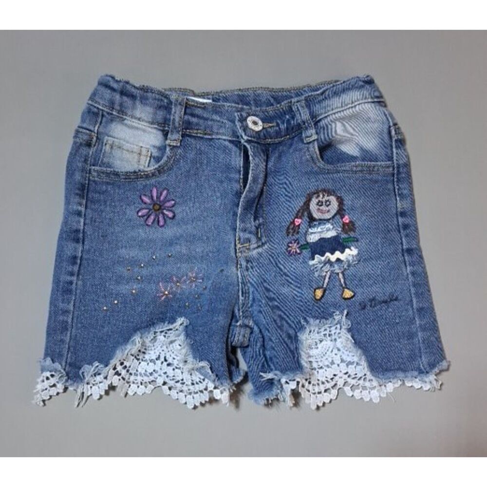 DGayle Girls Painted Lace Denim Shorts Distressed Cutoffs Adjustable Waist 7Y